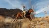 Cowboy riding a horse across a desert