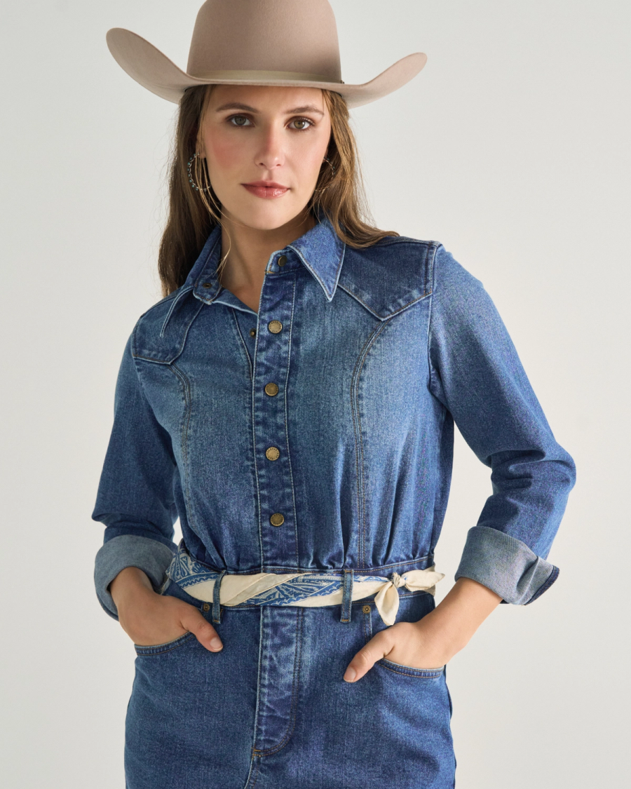 Tecovas Women's Long Sleeve Denim Midi Dress, Medium Wash Tecovas Women's Long Sleeve Denim Midi Dress, Medium Wash