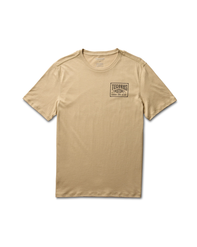 Front view of Men's Western Goods and Gear Tee - Khaki/Dark Gray on plain background