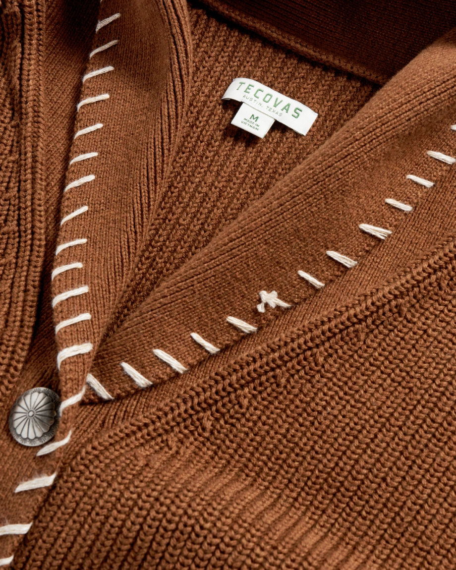 Closeup detail view of Women's Shawl Collar Cardigan Sweater - Tan