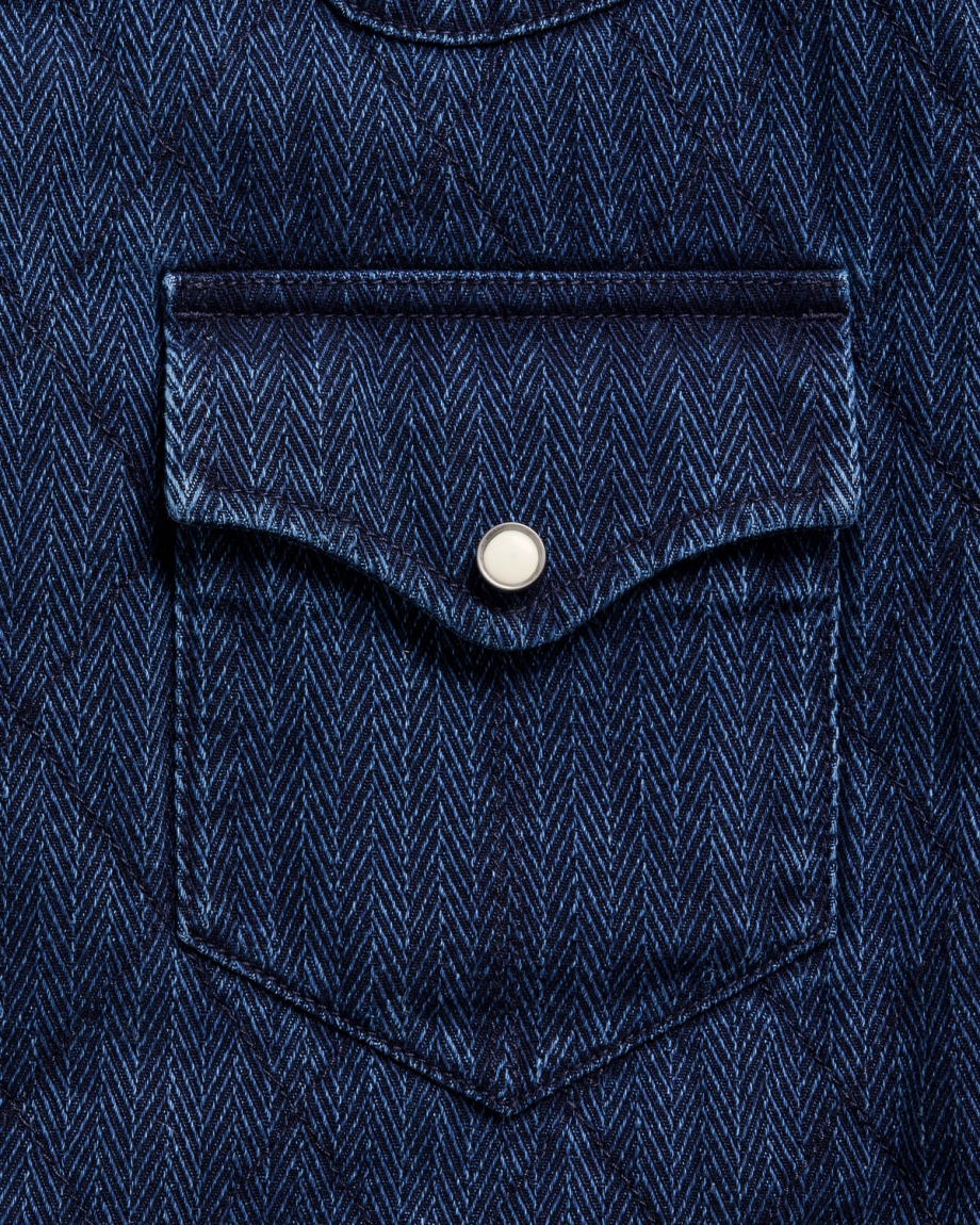 Closeup view of Men's Quilted Herringbone Shacket - Indigo