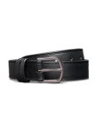 Black leather belt with a silver buckle, coiled on a plain black background.