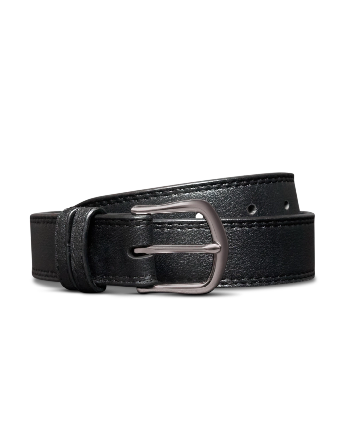 Black leather belt with a silver buckle, coiled on a plain black background.