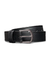 Black leather belt with a silver buckle, coiled on a plain black background.