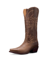 Brown leather cowboy boot with decorative stitching, pointed toe, and mid-height heel on a black background.