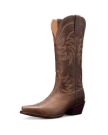 Brown leather cowboy boot with decorative stitching, pointed toe, and mid-height heel on a black background.