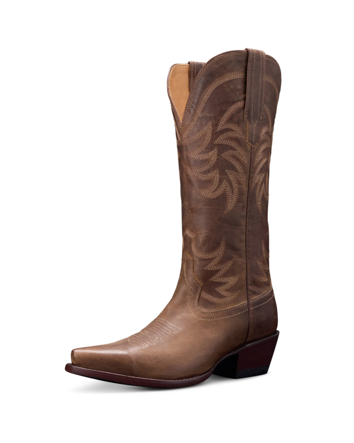 Brown leather cowboy boot with decorative stitching, pointed toe, and mid-height heel on a black background.