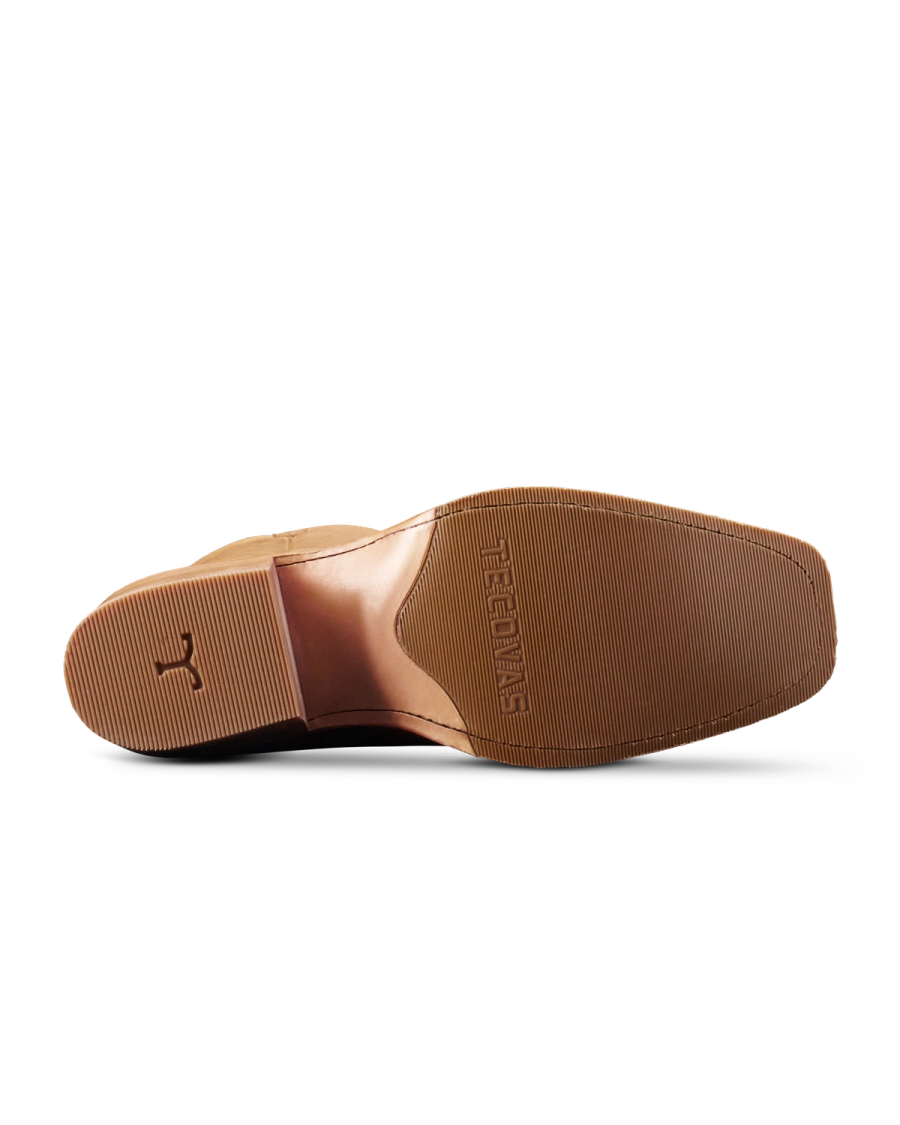 Sole view of The Charlie Wide Calf - Camel Cowhide on plain background