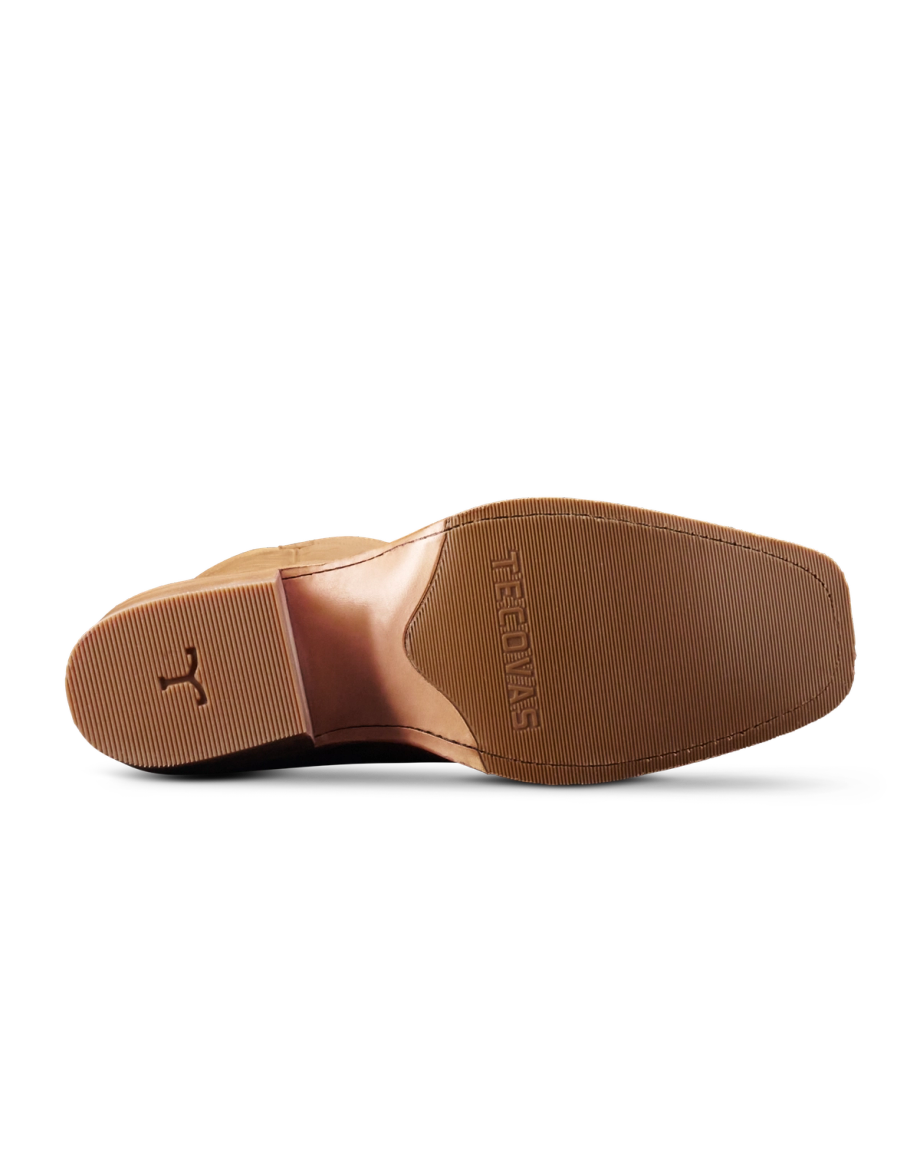 Sole view of The Charlie Wide Calf - Camel Cowhide on plain background