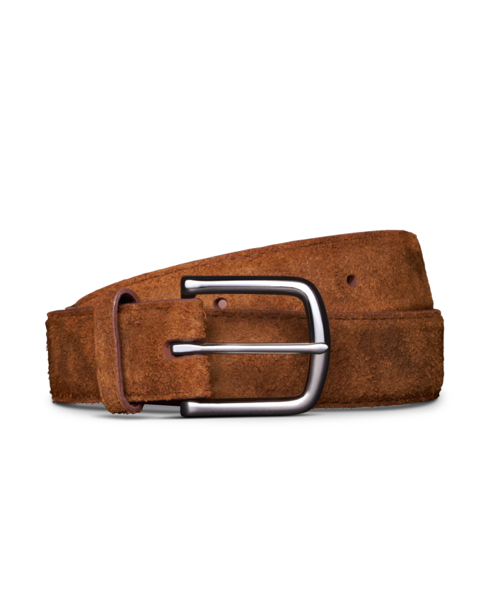 Brown suede belt with a silver buckle, coiled against a black background.