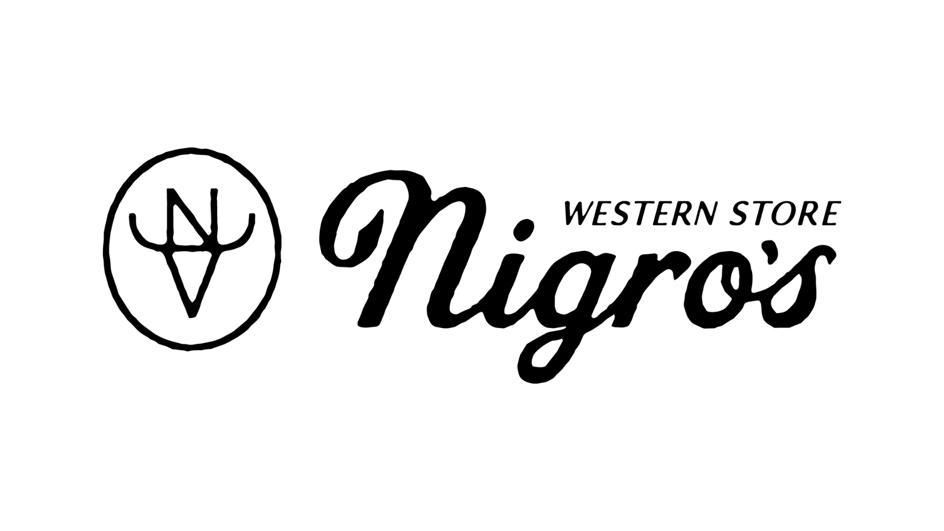 Logo for Nigro's Western Store, featuring a stylized antler design inside a circle to the left of the store name in cursive and uppercase text.