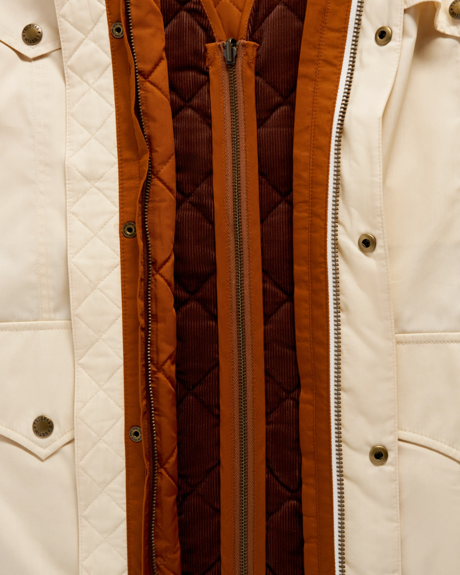 Closeup detail view of Men's Ranch Coat - Ivory / Saddle