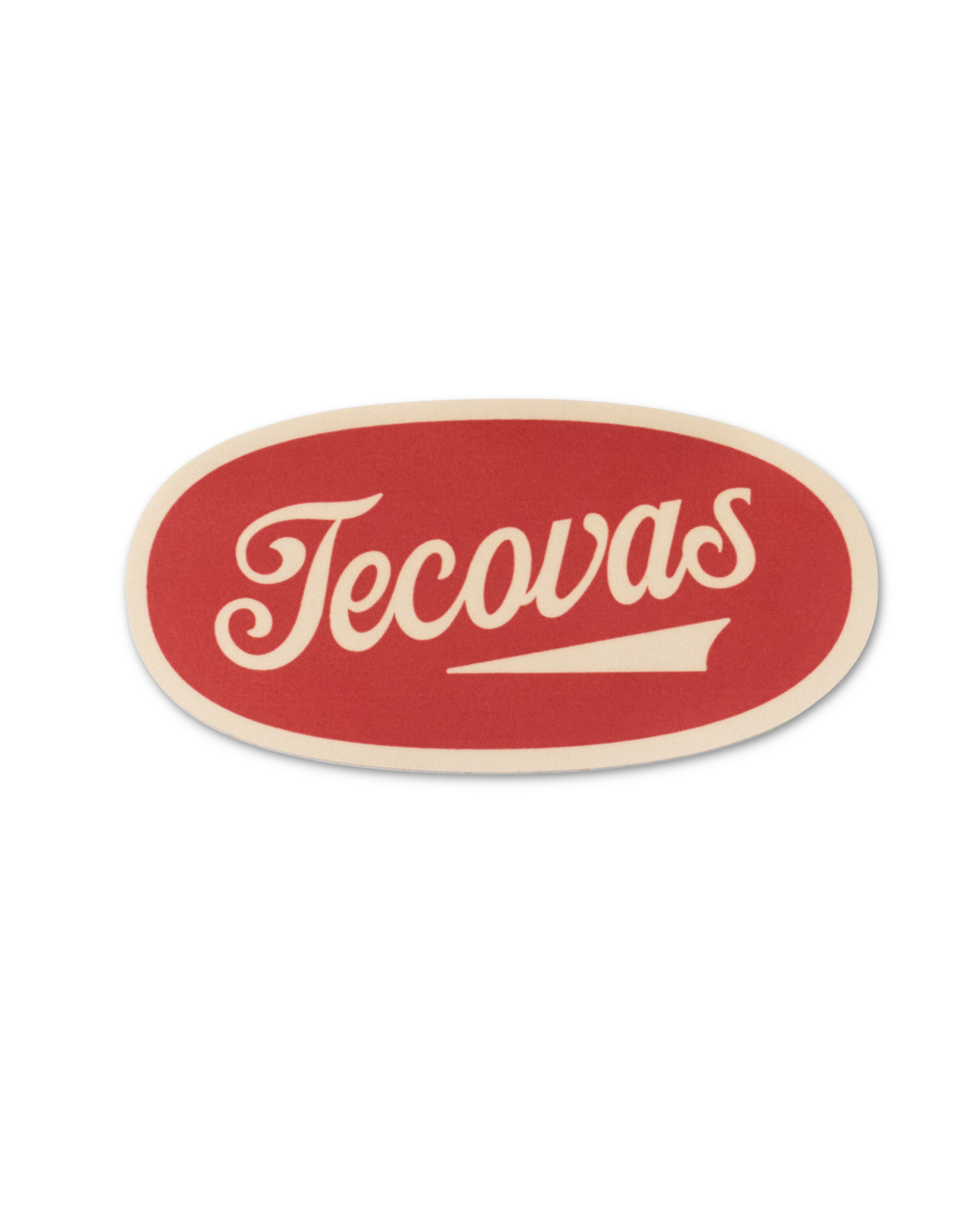 Red and white Tecovas logo with stylized text inside an oval shape.