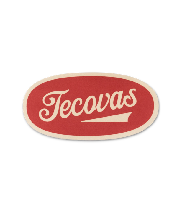 Red and white Tecovas logo with stylized text inside an oval shape.