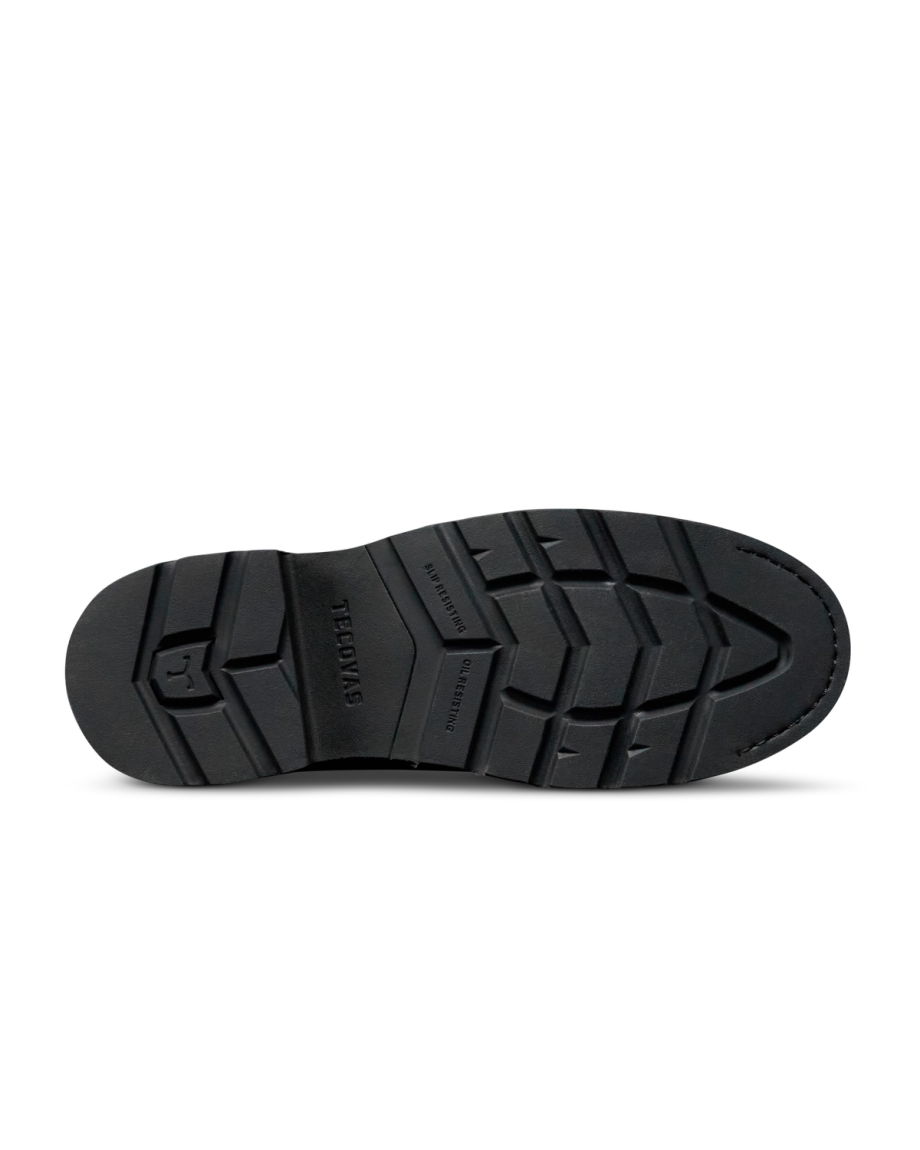 Toe view of The LH WP Round Comp Toe Work Boot - Midnight Cowhide on plain background