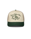 A beige and green trucker hat with "Texas Western Wear" and an illustration of a cowboy on a horse, with cacti in the background.