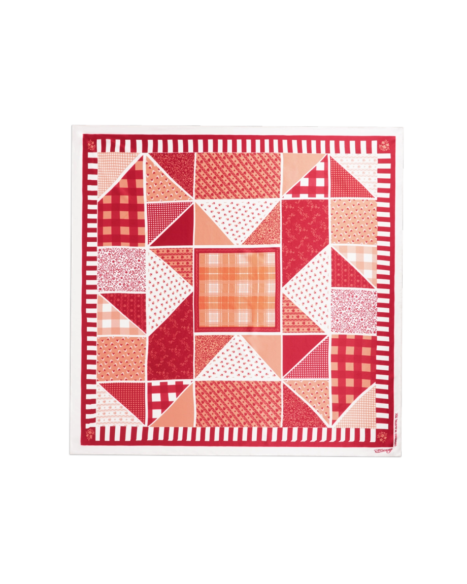 Front view of Patchwork Wild Rag - Red / Cream on plain background