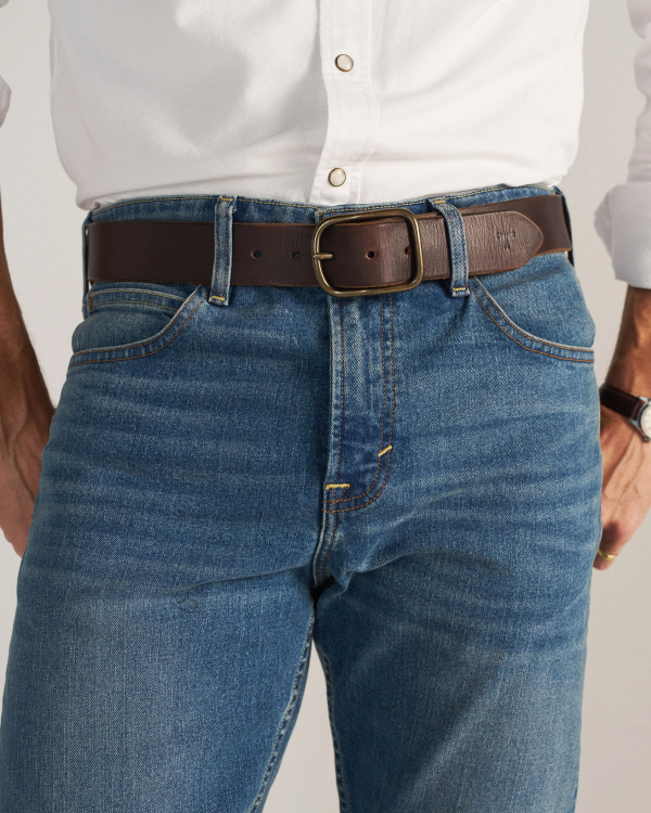 Closeup detail view of Men's Slim Straight Stretch Denim - Medium Indigo