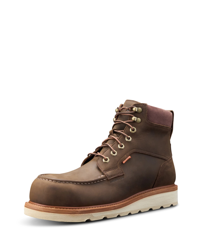 Quarterfront view of LongHaul Waterproof Moc Composite Toe Work Boot - Espresso on plain background