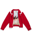 A red jacket with white shoulder accents and an open front, revealing a printed lining featuring running horses in a grassy landscape.
