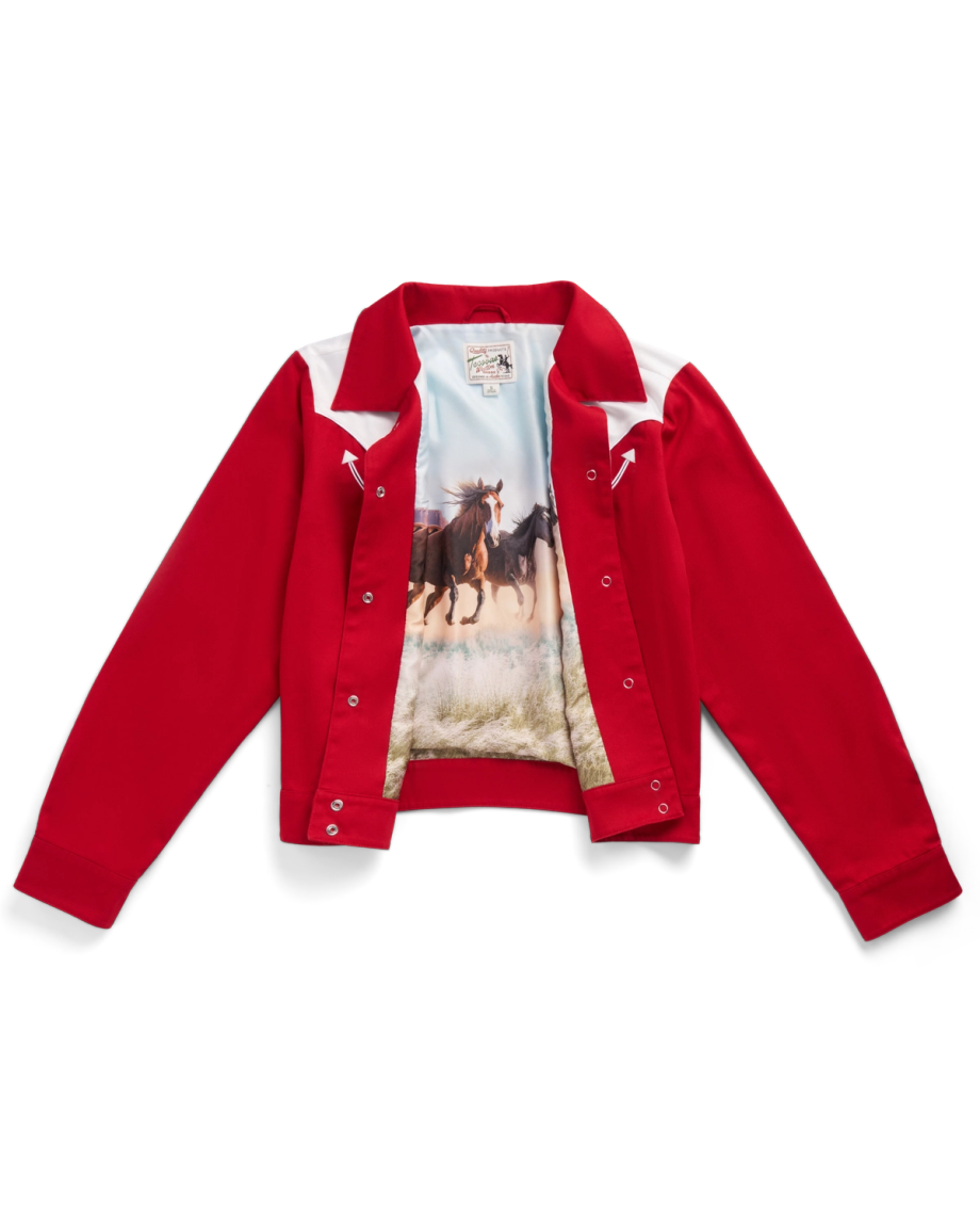A red jacket with white shoulder accents and an open front, revealing a printed lining featuring running horses in a grassy landscape.