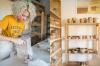 woman making pottery, shelves of clay pots