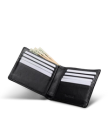 Open black wallet with several card slots filled with white cards and cash peeking out from the bill compartment against a black background.