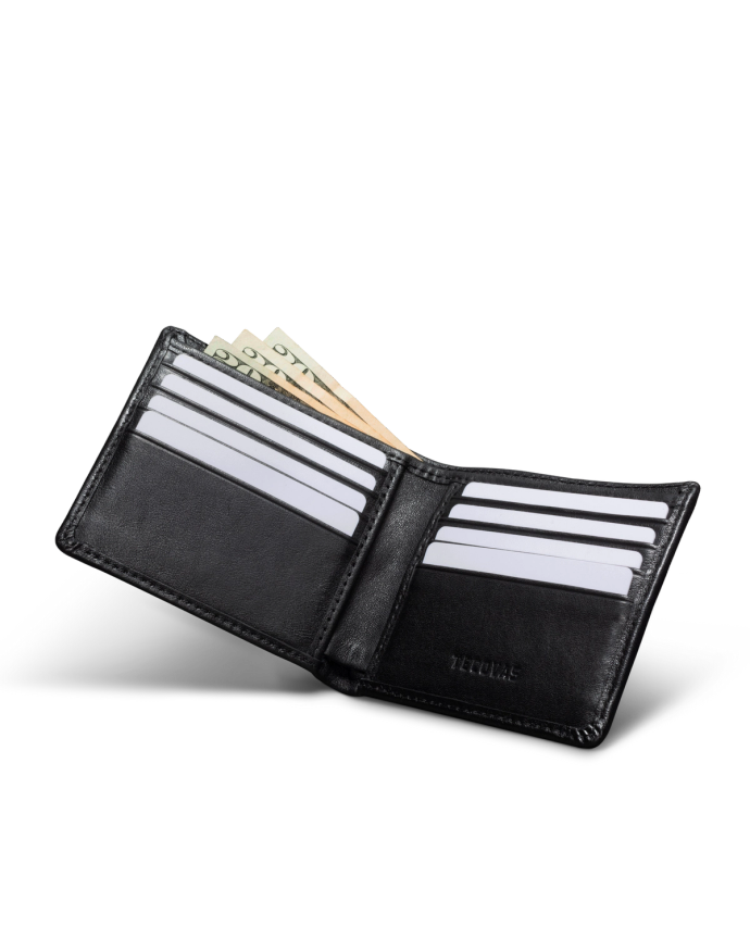 Open black wallet with several card slots filled with white cards and cash peeking out from the bill compartment against a black background.