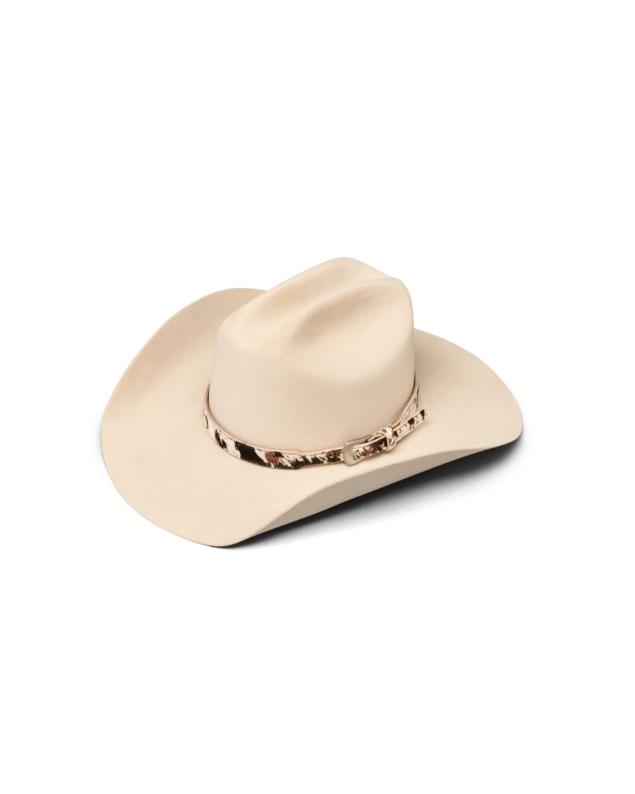 Quarterfront view of Hair on Hide Buckle Hat Band - Brown Multi on plain background