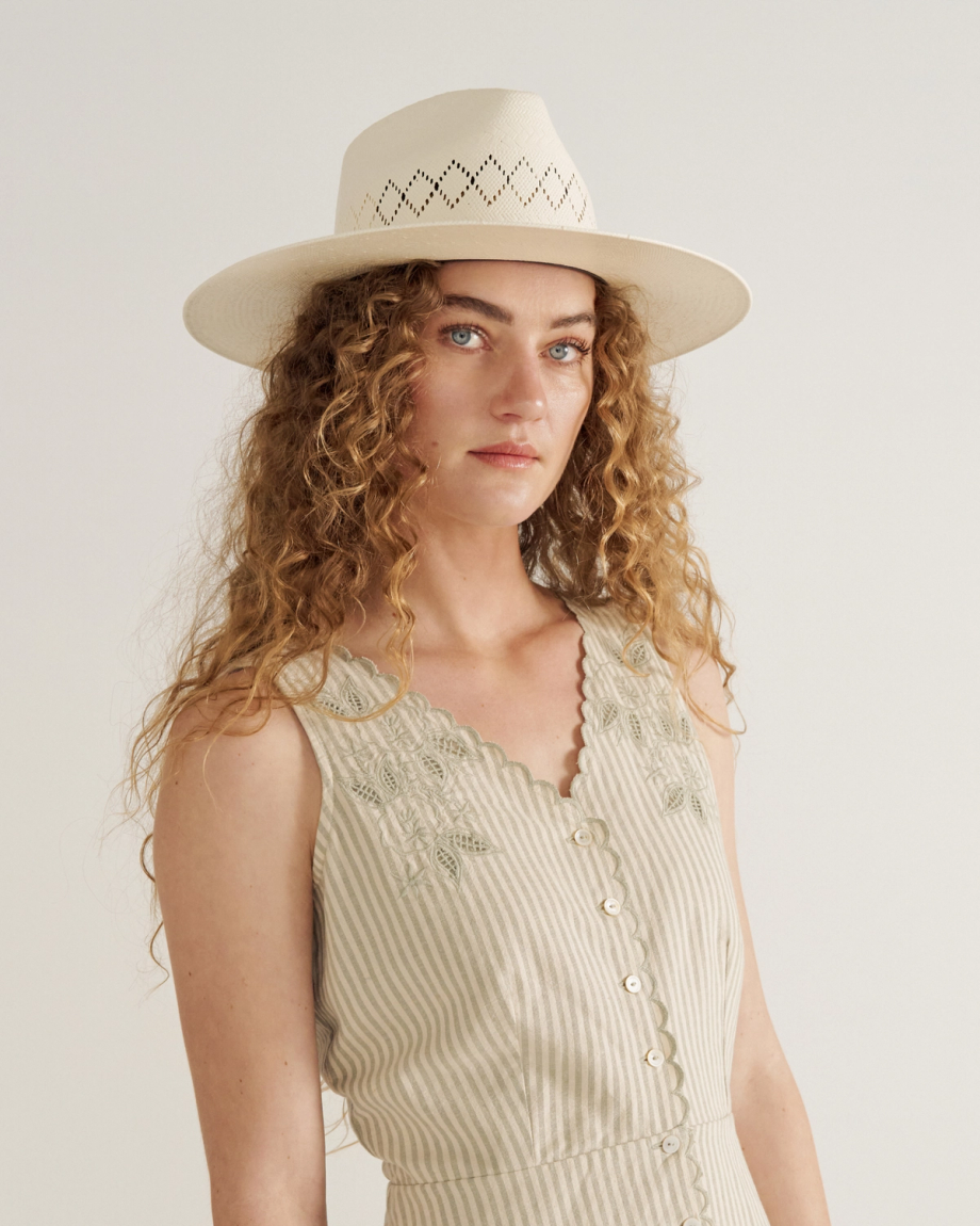 Closeup of woman wearing a straw hat in a photo studio