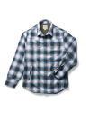 Closeup detail view of Men's Sawtooth Pearl Snap Shacket - Gray/Balsam Plaid