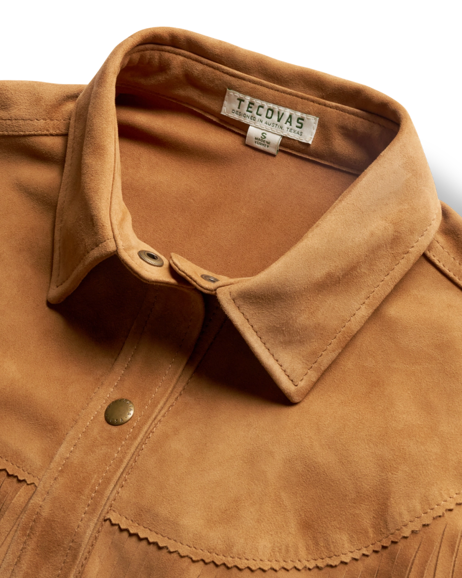Closeup detail view of Women's Suede Shacket - Tan