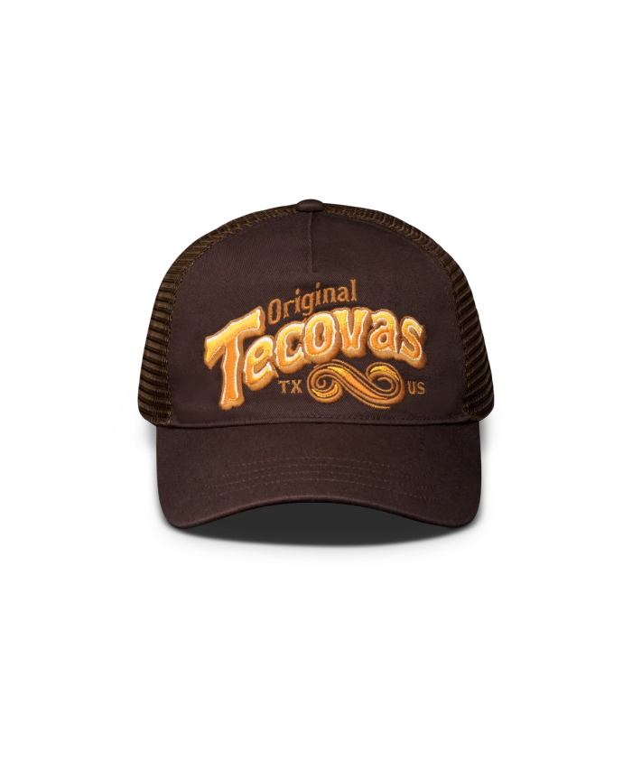 Front view of Original Tecovas 5 Panel Low Pro Trucker - Dark Brown on plain background