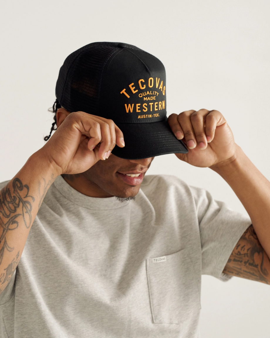 View of Quality Made Trucker Hat - Black/Orange