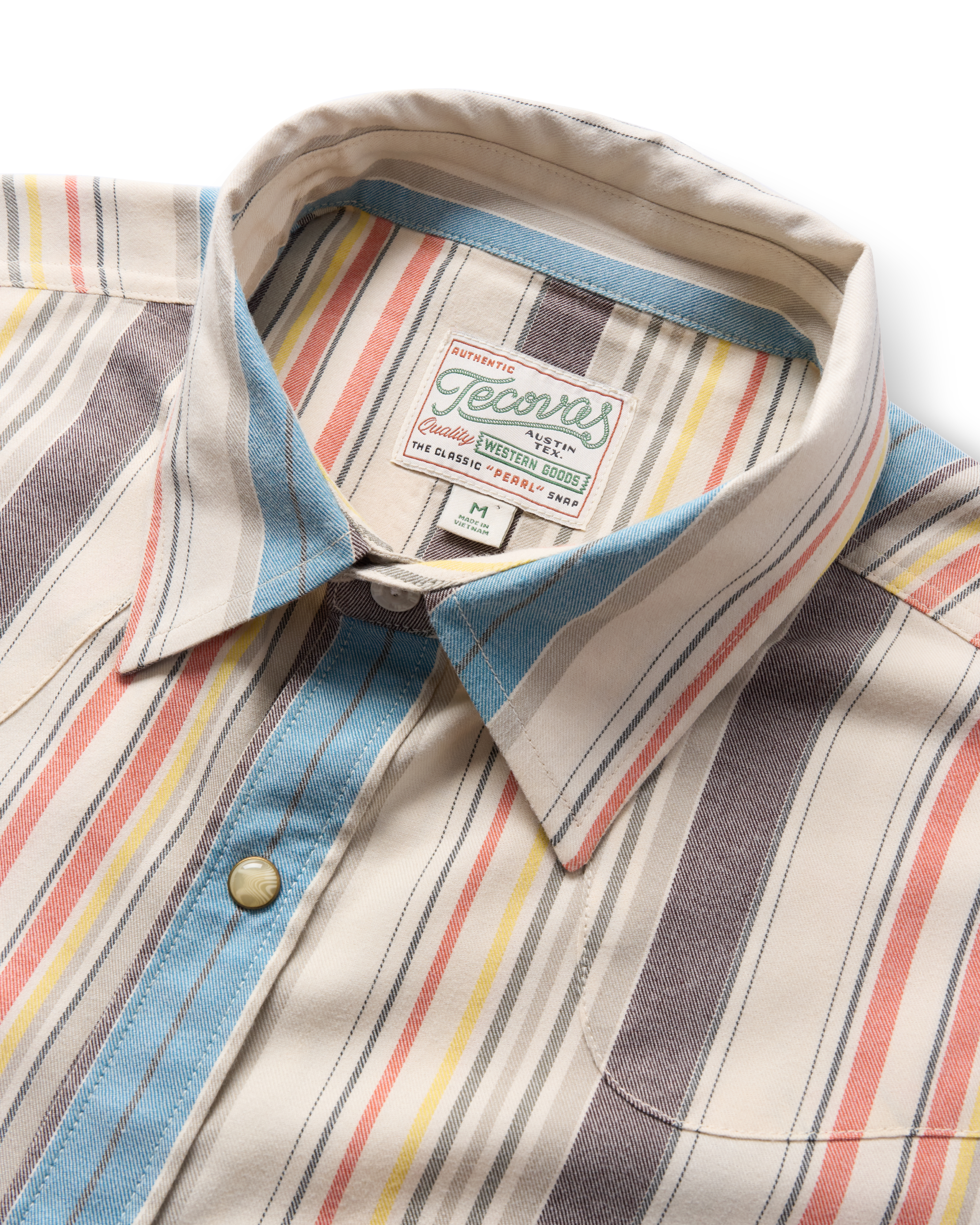 Closeup detail view of Men's Flying-T Foundation Weight Pearl Snap - Tan Multi Wide Stripe