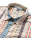 Closeup detail view of Men's Flying-T Foundation Weight Pearl Snap - Tan Multi Wide Stripe