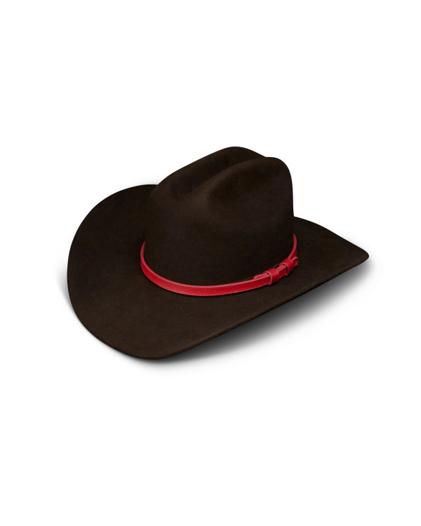 A dark brown cowboy hat with a wide brim and a red hatband, displayed on a white background.