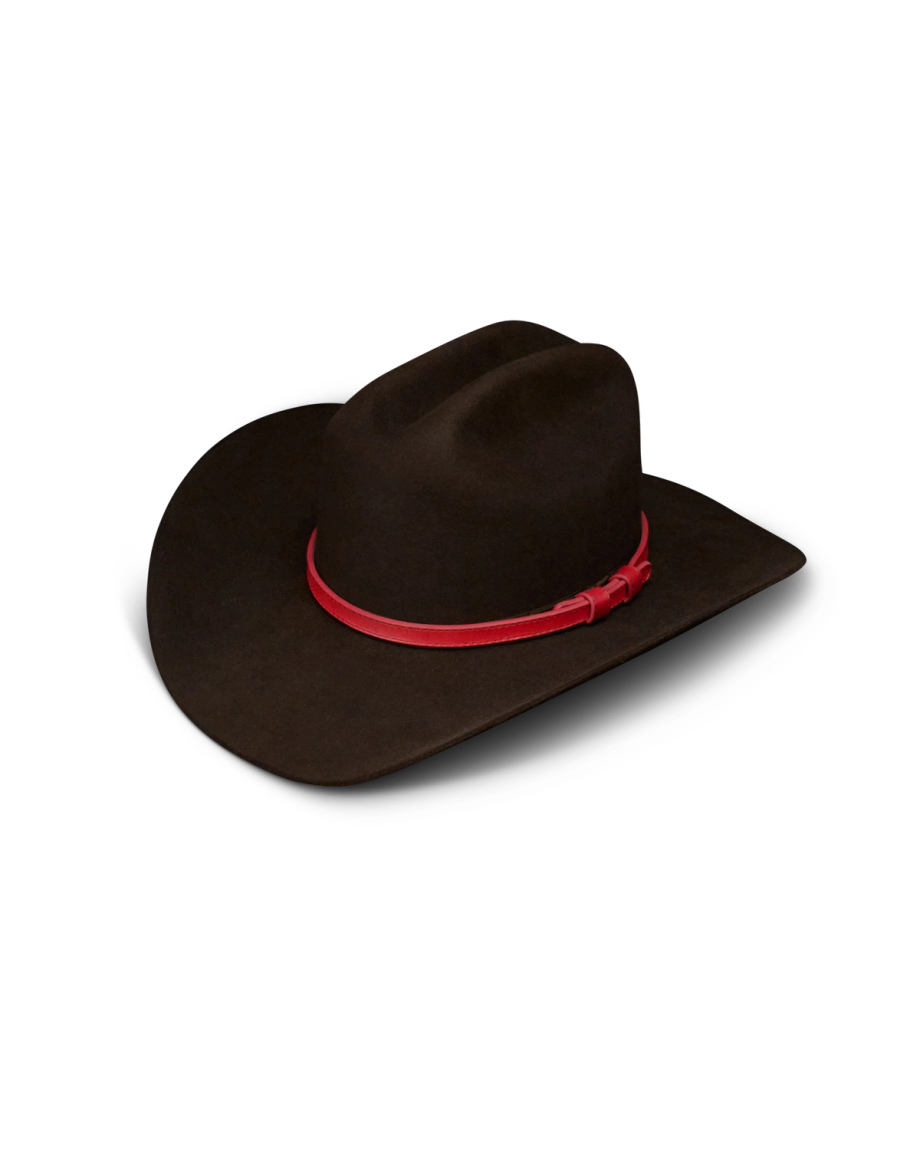 A dark brown cowboy hat with a wide brim and a red hatband, displayed on a white background.