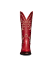 Red leather cowboy boot with intricate stitching, viewed from the back, set against a black background.
