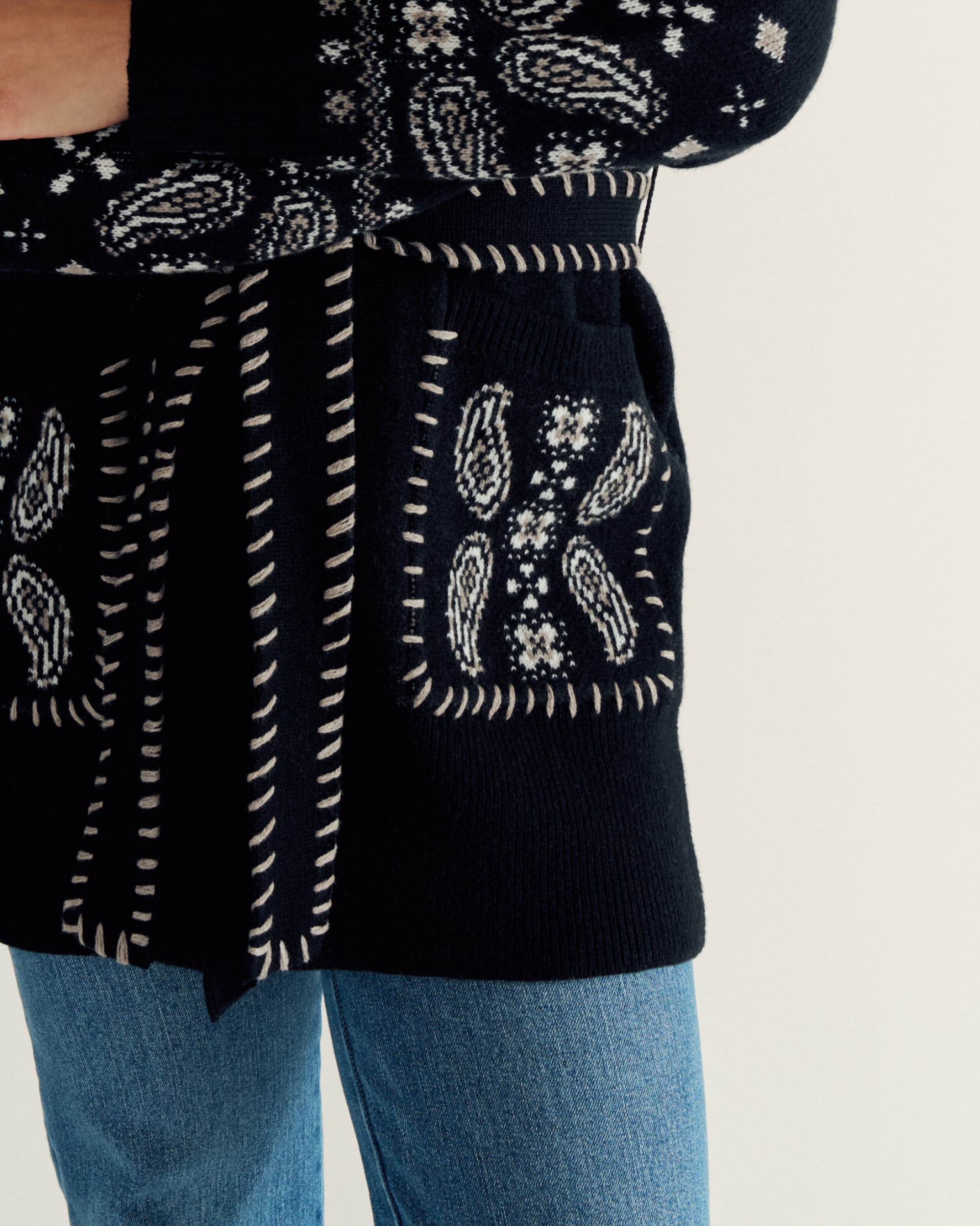 Closeup detail view of Women's Shawl Collar Wrap Sweater - Black / White