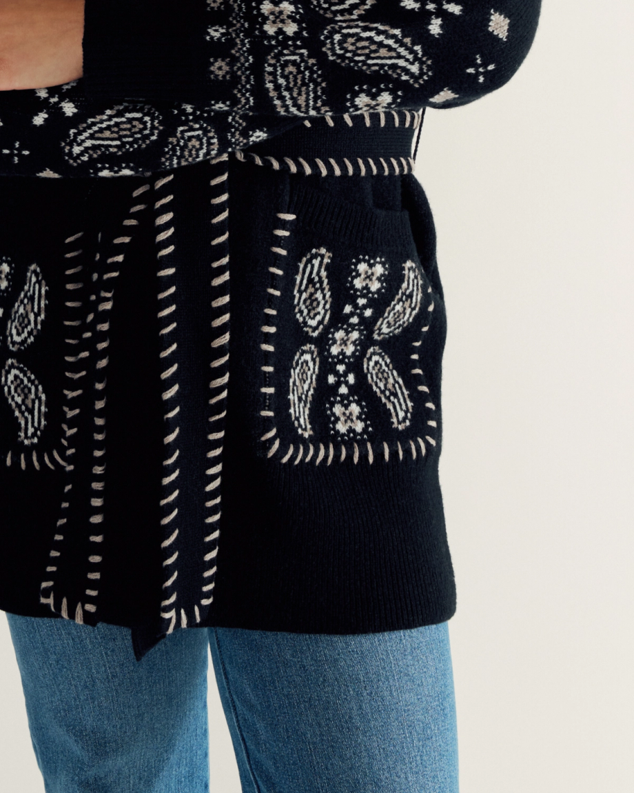 Closeup detail view of Women's Shawl Collar Wrap Sweater - Black / White