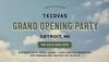 Invitation graphic for Tecovas Grand Opening Party in Detroit, MI, from Friday 10/3 to Sunday 10/5, featuring live music, beverages, and early attendee freebies. Blue sky with clouds in background.