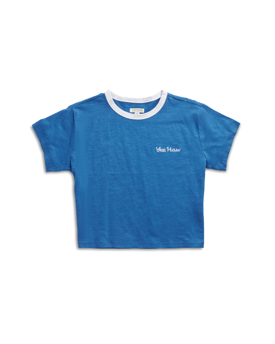Front view of Women's Vintage Ringer Tee - Blue / White on plain background