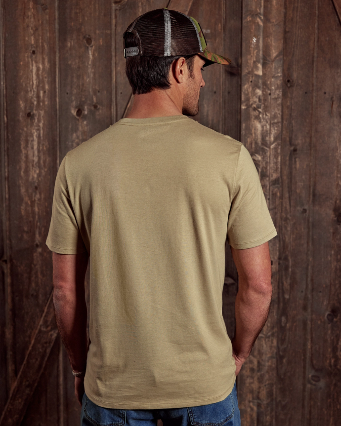 Back view of Men's Tecovas Banner Tee - Khaki/Brick on model