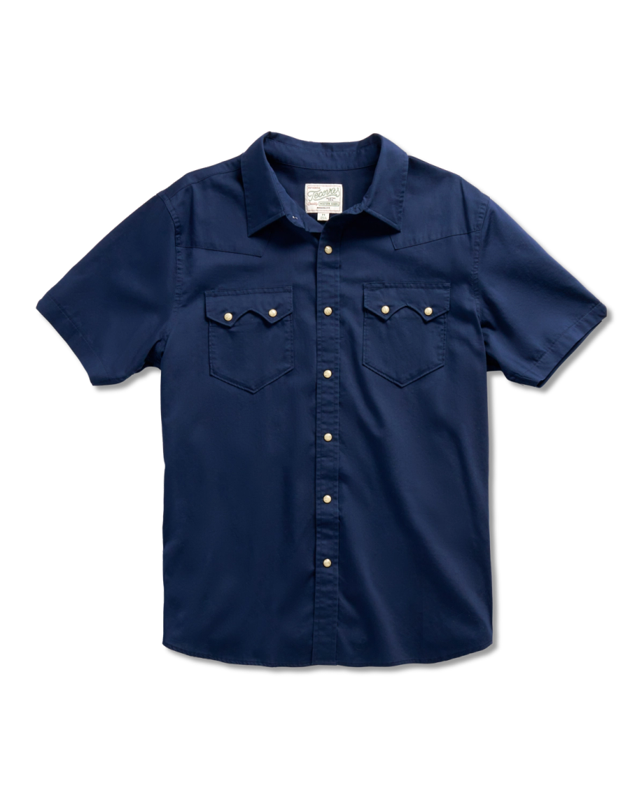 Closeup detail view of Men's Vintage Weight Sawtooth Short Sleeve Pearl Snap - Navy