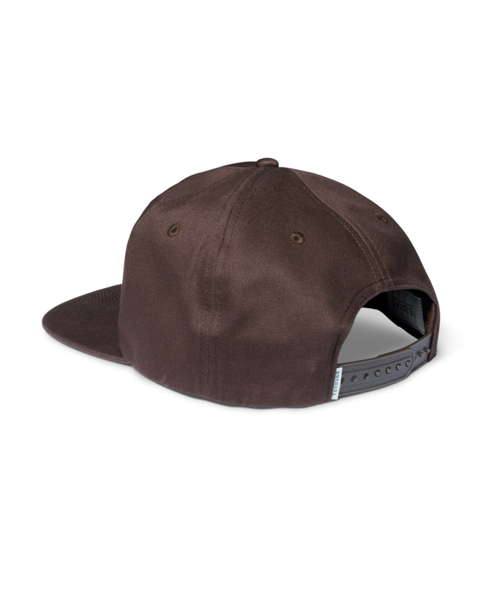 Quarterback view of Fine Boots Flat Brim Hat - Brown on plain background