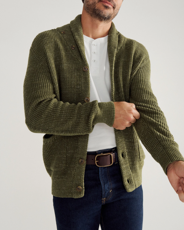 Closeup detail view of Men's Shawl Collar Cardigan Sweater - Olive