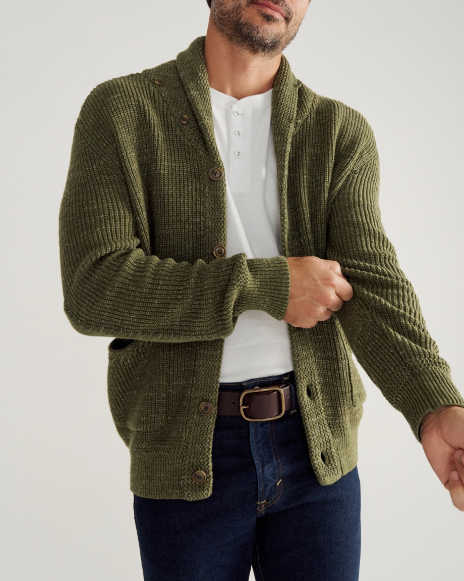 Closeup detail view of Men's Shawl Collar Cardigan Sweater - Olive