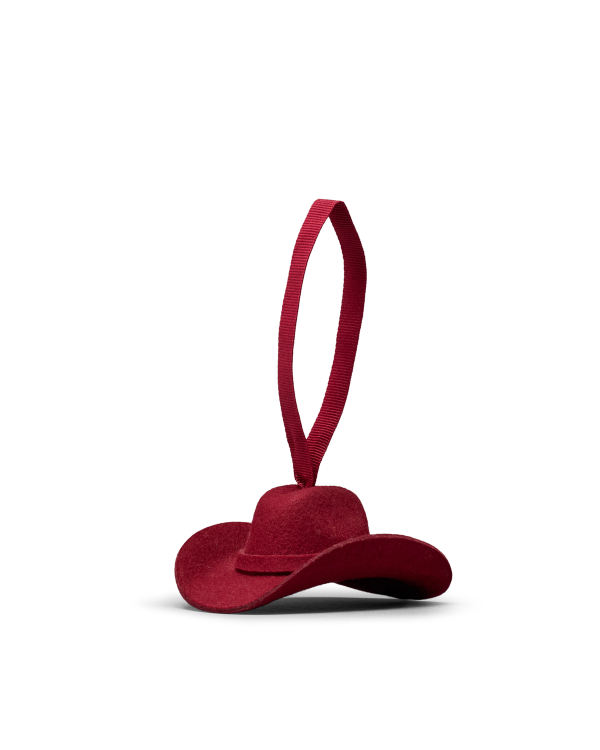 Quarterfront view of Cattleman Hat Ornament - Red on plain background