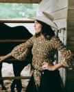Front view of The Emma Dress by Kristopher Brock - Olive/Beige Floral Cotton Blend on plain background